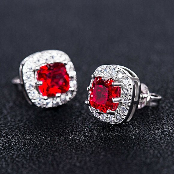 Silver and Ruby Red Stud Earrings - Picture 2 of 3